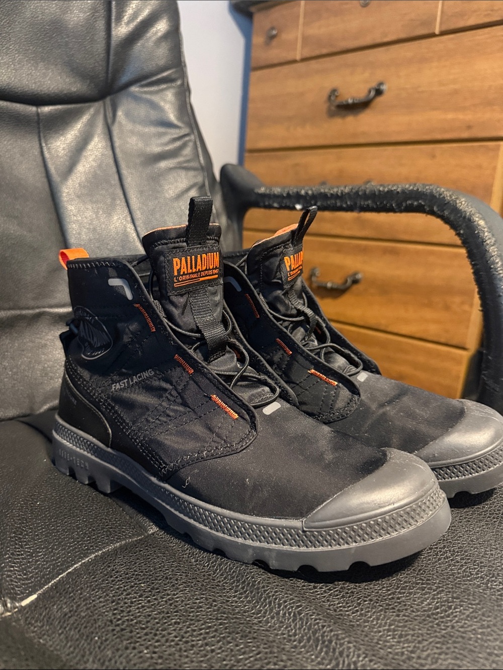 Palladium Black Men’s High-Top Boots with Orange Accents